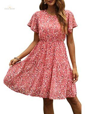 Chiffon Floral Summer Dress Knee Length Smocked Waist Flutter Sleeve